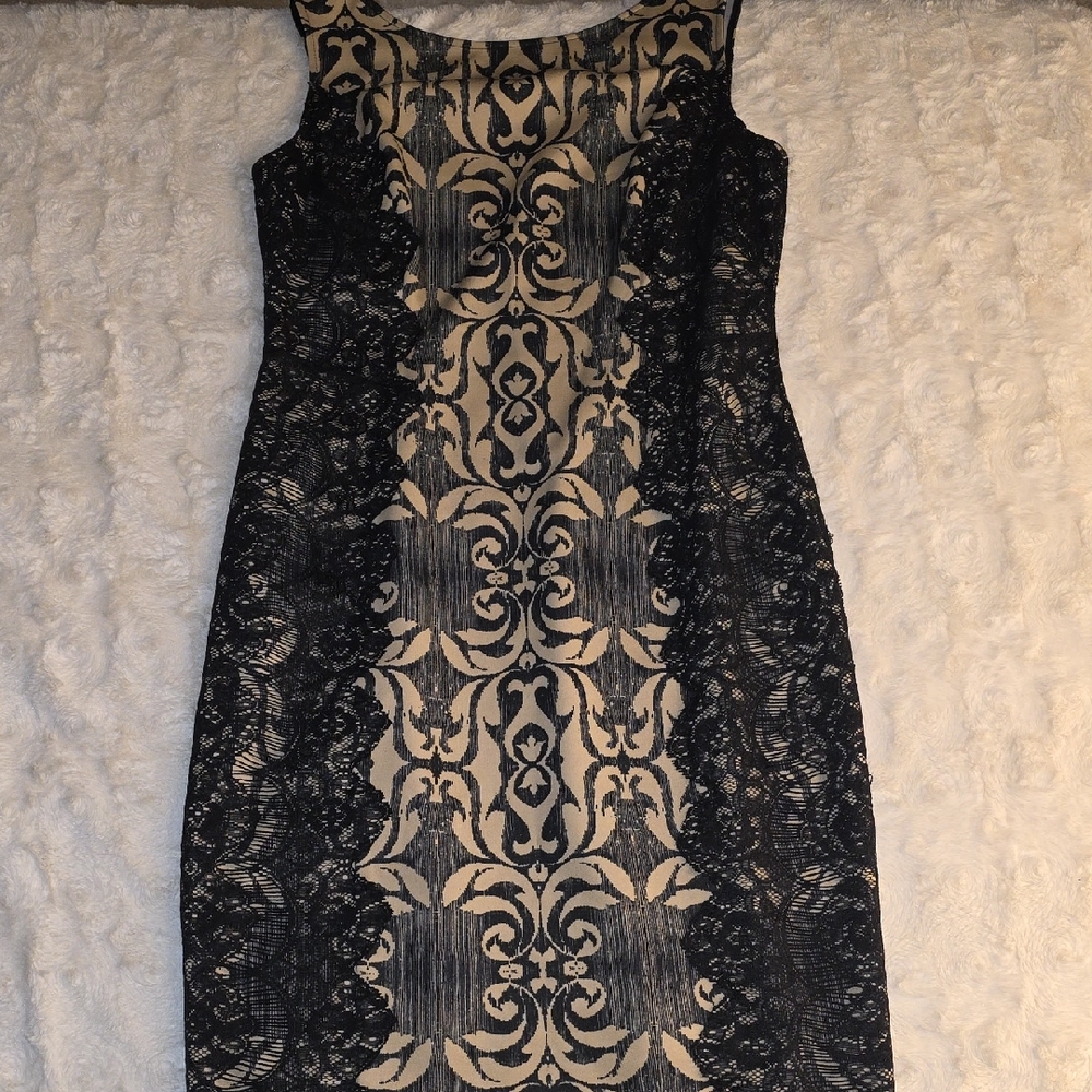 SLNY Black and Cream Lace Midi Dress
